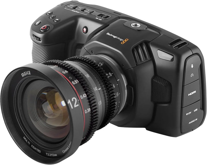 MEKE 12mm T2.2 grosse Blende, manueller Fokus, niedrige Verzerrung, 4K Mini-Cine-Objektiv für Micro
