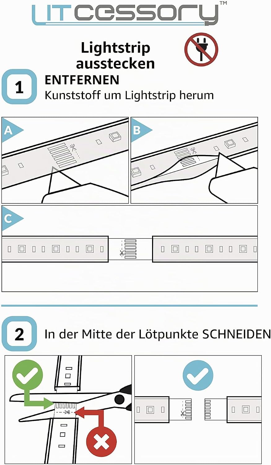 Litcessory 6-Polig auf Gekürztes Ende Verlängerungskabel für Philips Hue Lightstrip Plus (50mm, 4 St