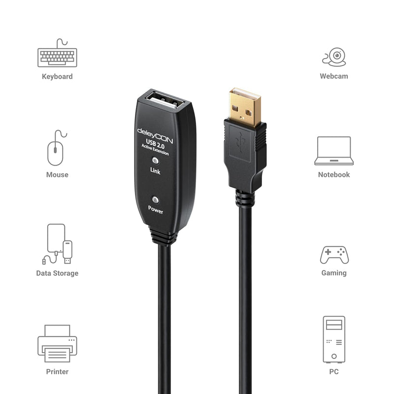 deleyCON 20m USB 2.0 Verlängerungkabel Repeater-Kabel Aktiv mit 2 Signalverstärker Extension Cable U