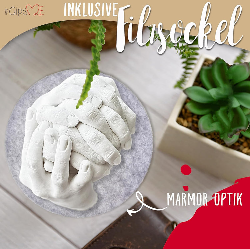 GipsME XXL 3D Handabdruck Set Familie Gipsabdruck für 4 Hände + Sockel Made in Germany - Premium Fam