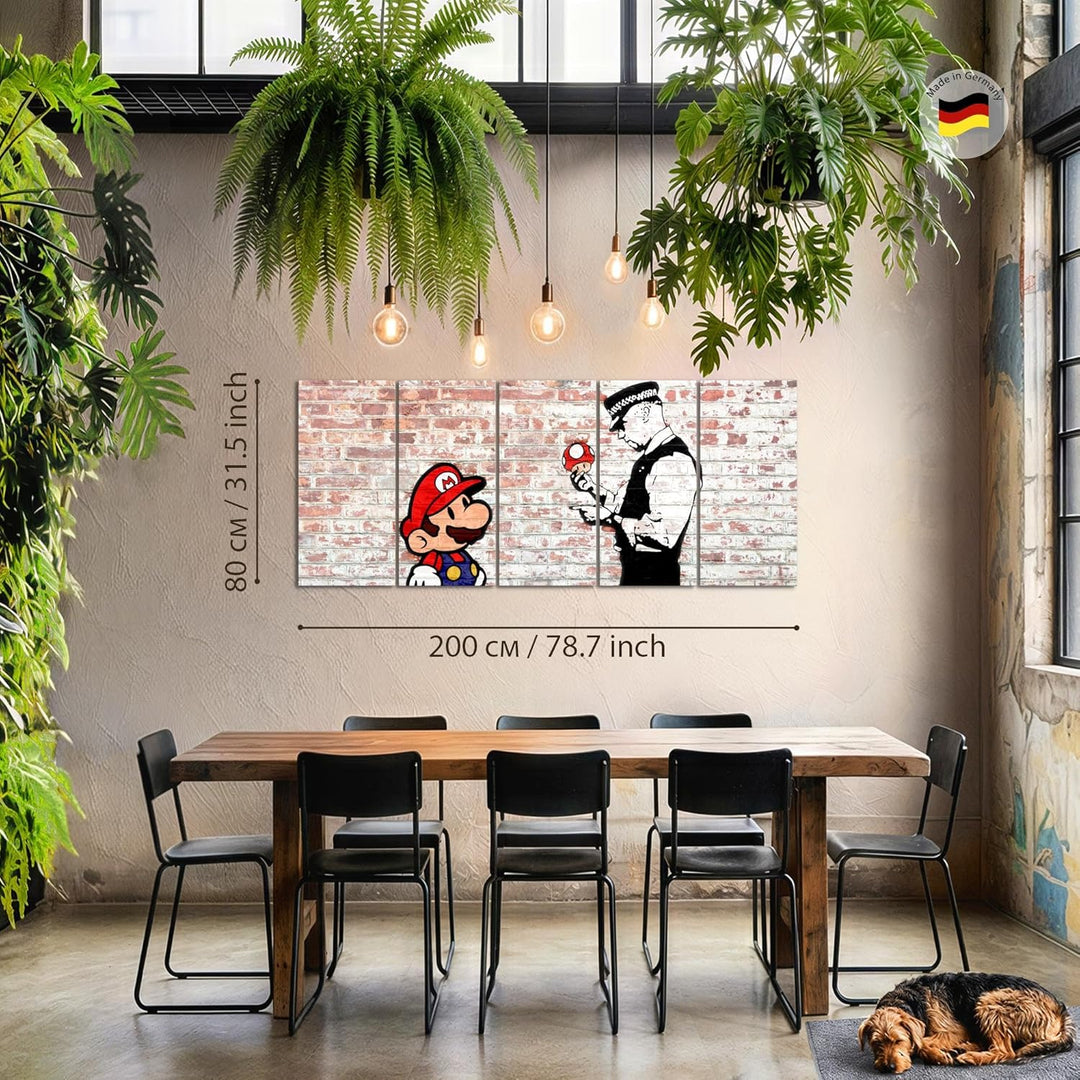 Runa Art Wandbild XXL Mario and Cop Banksy Jugendzimmer Wohnzimmer 200 x 80 cm Braun Bunt 5 Teilig -