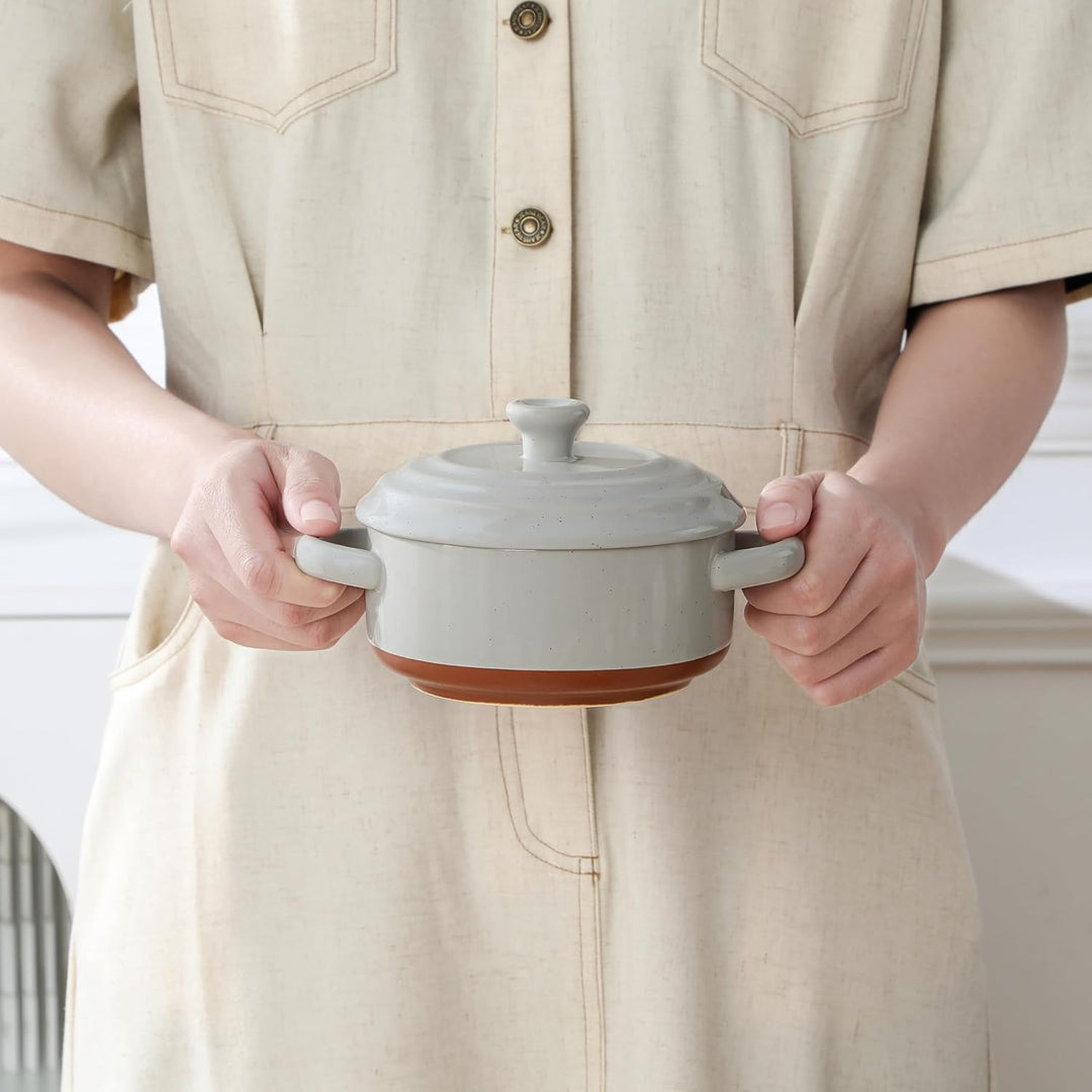 MALACASA Mini Cocotte Set 440 ml, 4 Stück Auflaufform Klein aus Steingut mit Deckel und Griffen, für