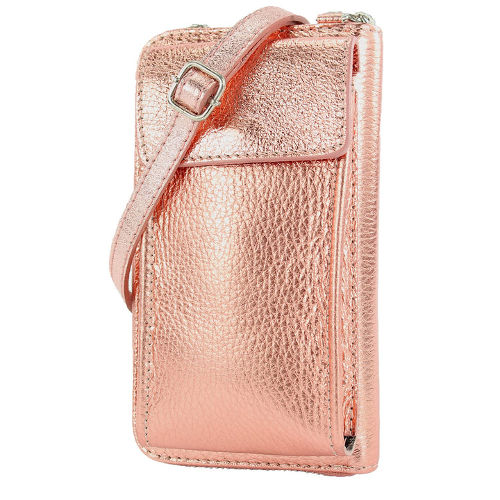 modamoda de - P06 - ital. Damen Umhängetasche Geldbörse Handytasche Leder Roségold-metallic, Roségol