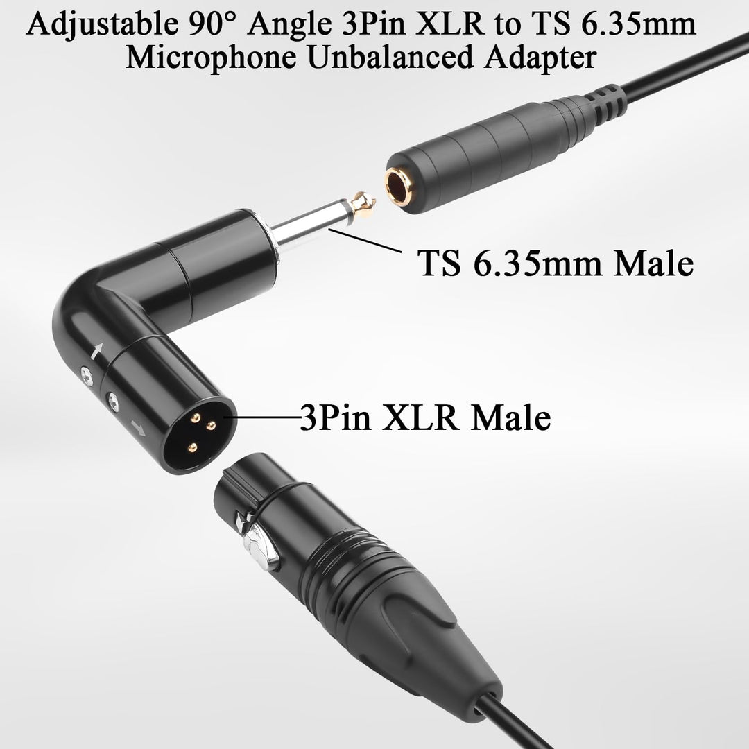 QIANRENON Einstellbarer 90° Winkel XLR auf TS 6.35mm Unsymmetrischer Mikrofon Adapter 3Pin-XLR Steck