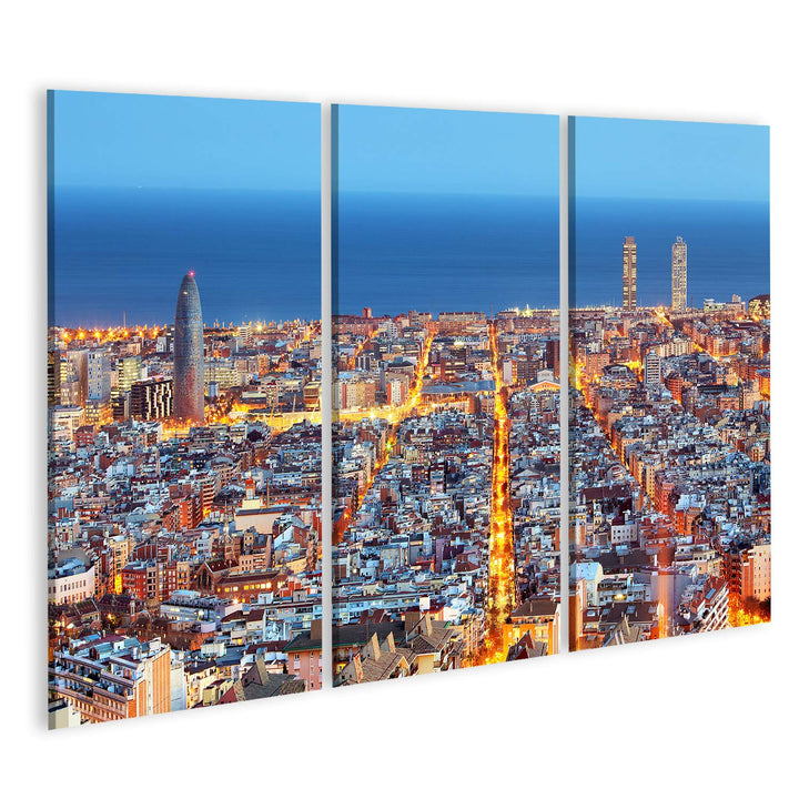 Bild auf Leinwand Barcelona Skyline Luftaufnahme Nacht Spanien Wandbild Poster Kunstdruck Bilder For