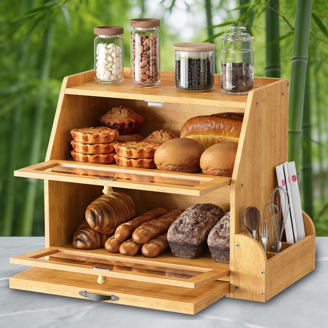 HOOBRO 2-stöckiger Brotkasten Bambus mit Schneidebrett und Besteckhalter, Brotbox mit Acryltüren, Br