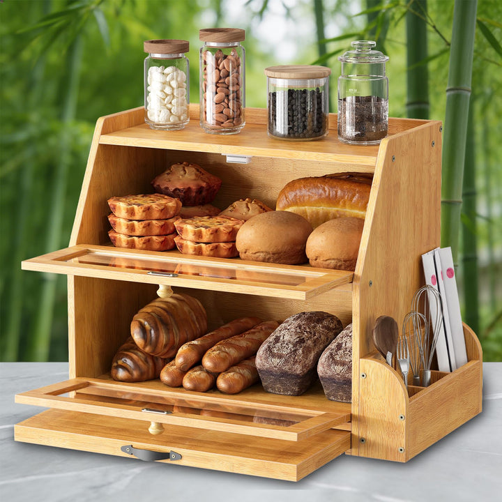 HOOBRO 2-stöckiger Brotkasten Bambus mit Schneidebrett und Besteckhalter, Brotbox mit Acryltüren, Br
