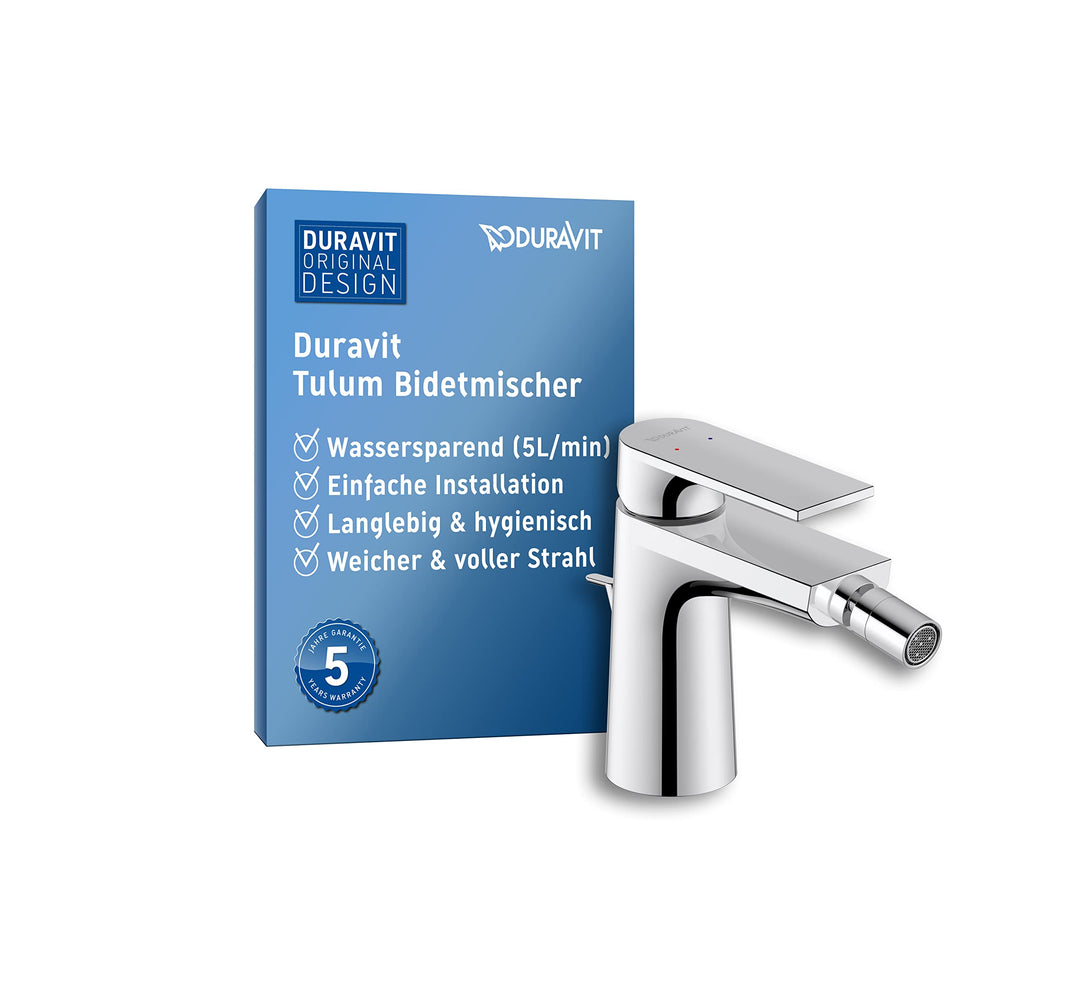 Duravit Tulum Einhebel-Bidetarmatur (Auslauf Höhe 83 mm), Bidetmischer mit Zugstangen-Ablaufgarnitur
