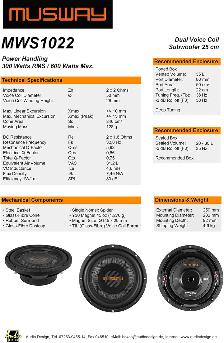 Musway MWS1022 | 10' Flat Subwoofer 10' (25 cm) FLACH Subwoofer