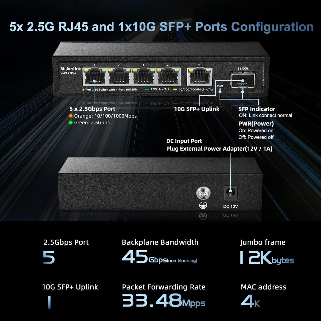 MokerLink 5 Port 2.5G Ethernet Switch mit 10G SFP, 5 x 2.5G Base-T Ports kompatibel mit 10/100/1000M