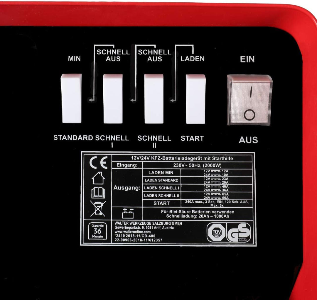 WALTER KFZ-Batterieladegerät mit Starthilfe 12 V/24 V, umschaltbar, kraftvoll, Vier Ladestromeinstel