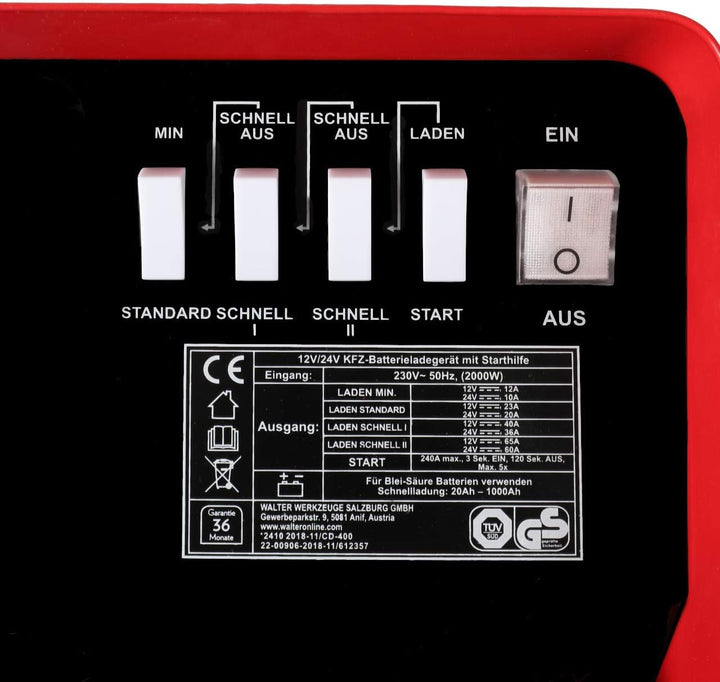 WALTER KFZ-Batterieladegerät mit Starthilfe 12 V/24 V, umschaltbar, kraftvoll, Vier Ladestromeinstel