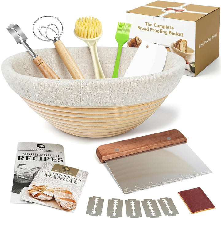 Sauerteig Starter Set, 12 Stück Gärkorb Brot Set, 9 Zoll Rattan Sauerteig Brot Gärkorb mit Kompletts