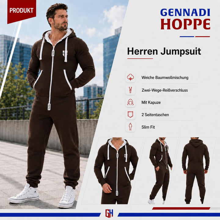 Gennadi Hoppe Herren Jumpsuit – Weicher &amp; Bequemer Hausanzug L braun (brown), L braun (brown)