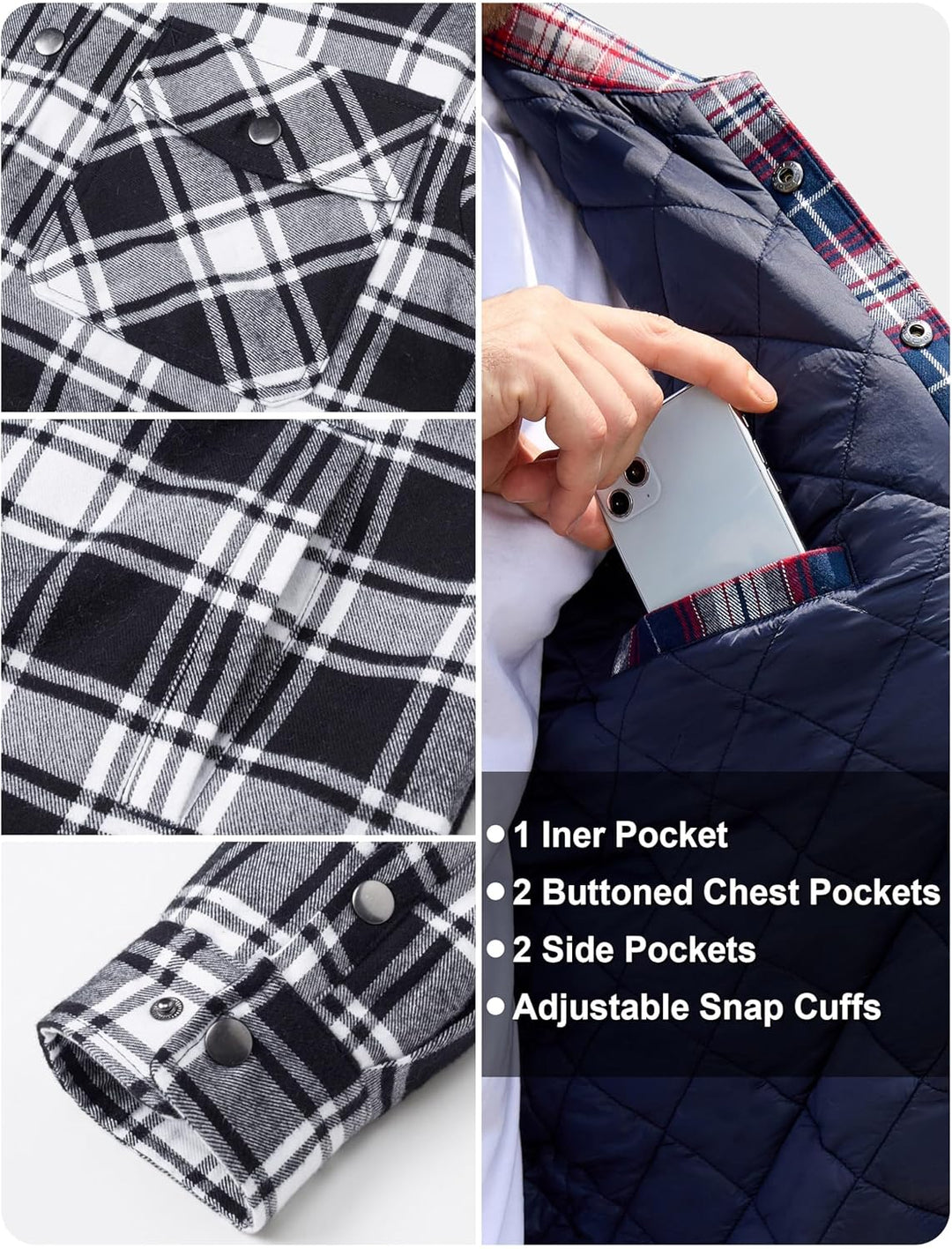 TACVASEN Herren Karierte Hemdjacke Flanellhemd Holzfällerhemd Thermohemd Jacke M Schwarz, M Schwarz