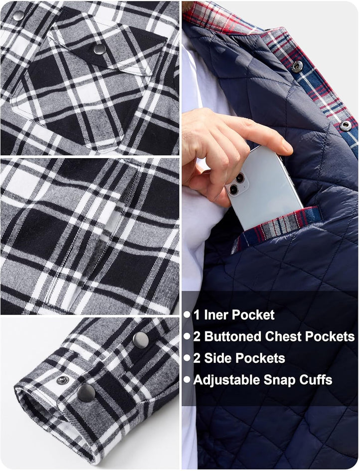 TACVASEN Herren Karierte Hemdjacke Flanellhemd Holzfällerhemd Thermohemd Jacke, S Schwarz