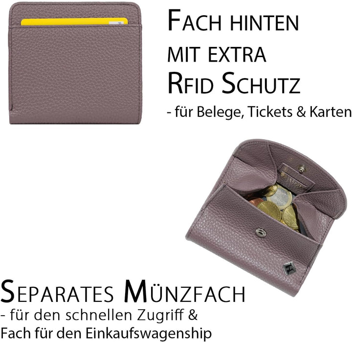 Geldtasche Damen klein, Reise Portemonnaie, viele Fächer, Leder Flieder, RFID Blocker, Münzfach gros