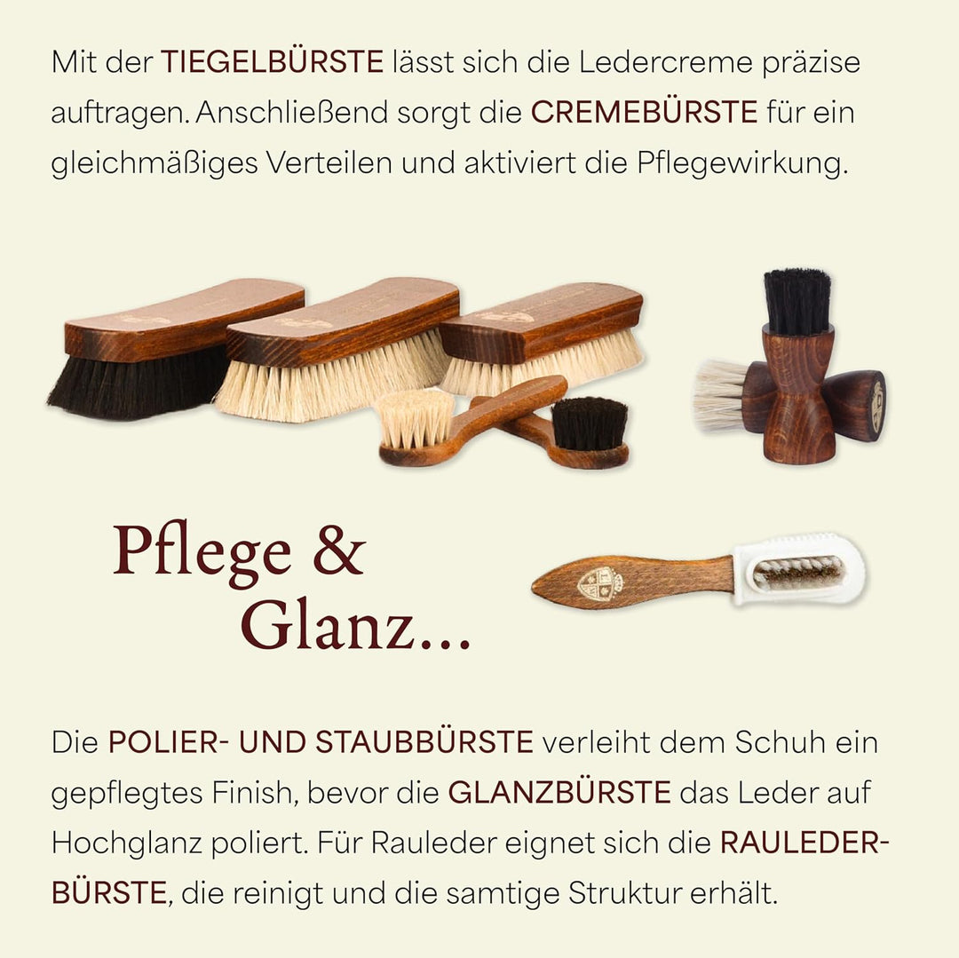 Langer & Messmer Schuhpflegeset inkl. hochwertigen Lederpflegecremes und Rosshaarbürsten zur effekti