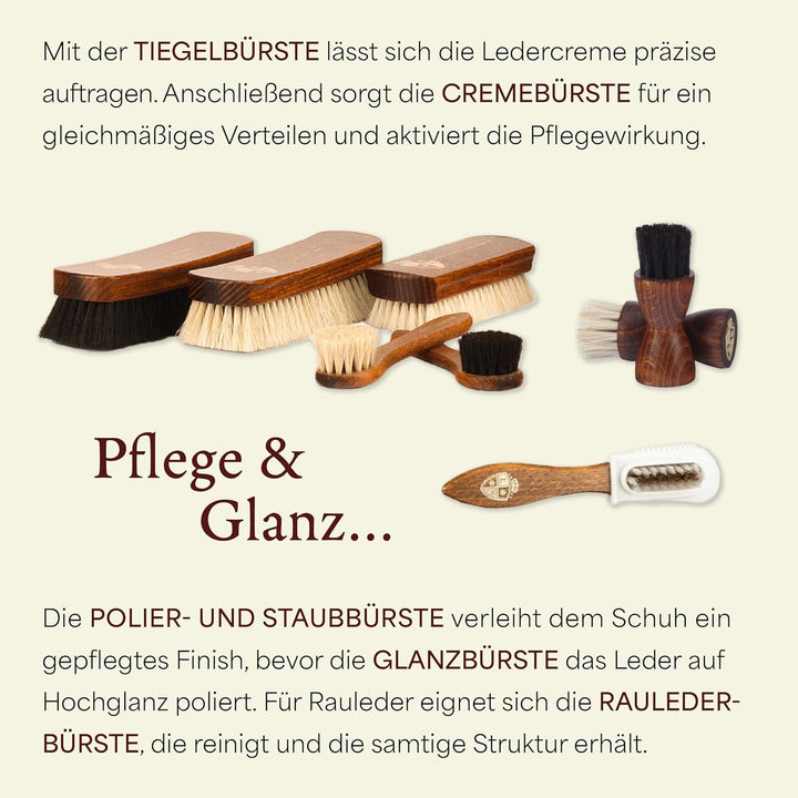Langer & Messmer Schuhpflegeset inkl. hochwertigen Lederpflegecremes und Rosshaarbürsten zur effekti
