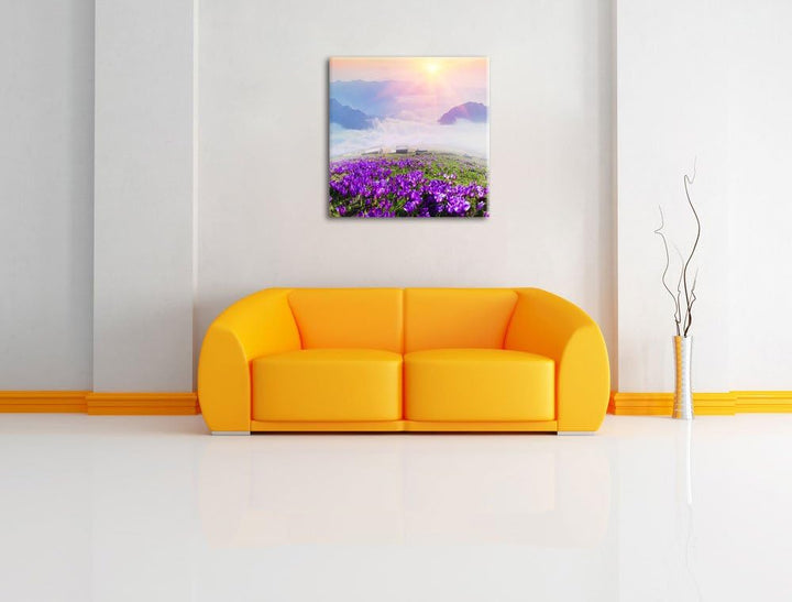 Pixxprint Krokusse in den Bergen / 70x70cm Leinwandbild bespannt auf Holzrahmen/Wandbild Kunstdruck