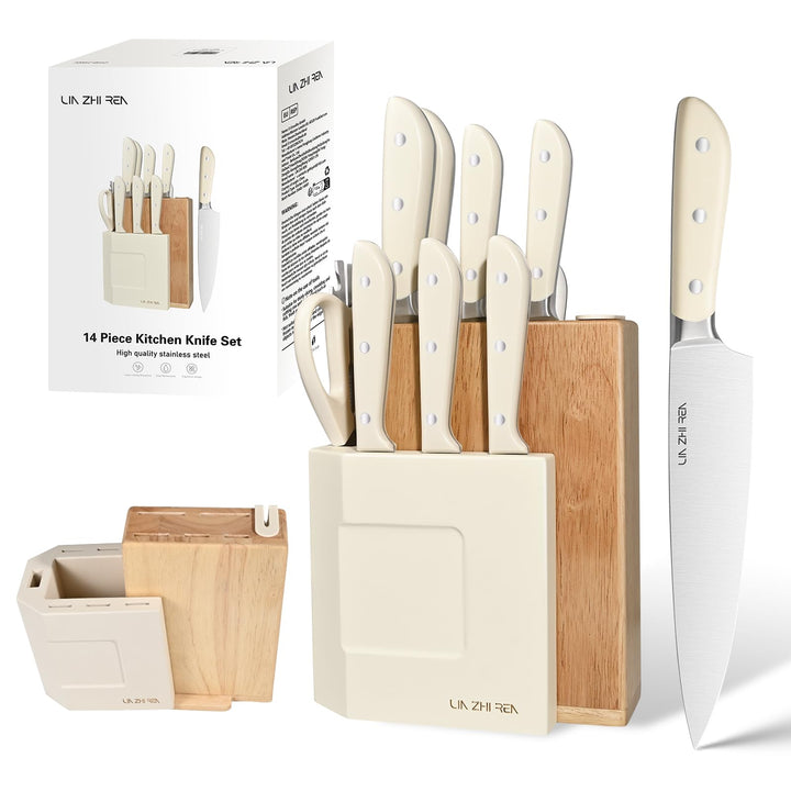 Messerblock Set, 14-teilig, Küchenmesser zum Schneiden, Hacken, Würfeln & Schälen, Weiss 14 Stück We