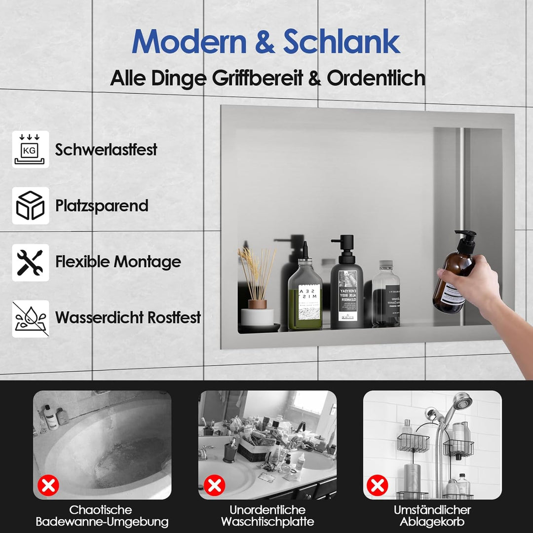 ROVOGO 45 x 30 x 10 cm Wandnische Dusche Edelstahl 304, Eingebettete Duschnische Einzelregal Lagerun