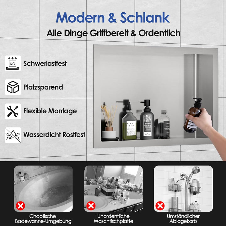 ROVOGO 45 x 30 x 10 cm Wandnische Dusche Edelstahl 304, Eingebettete Duschnische Einzelregal Lagerun