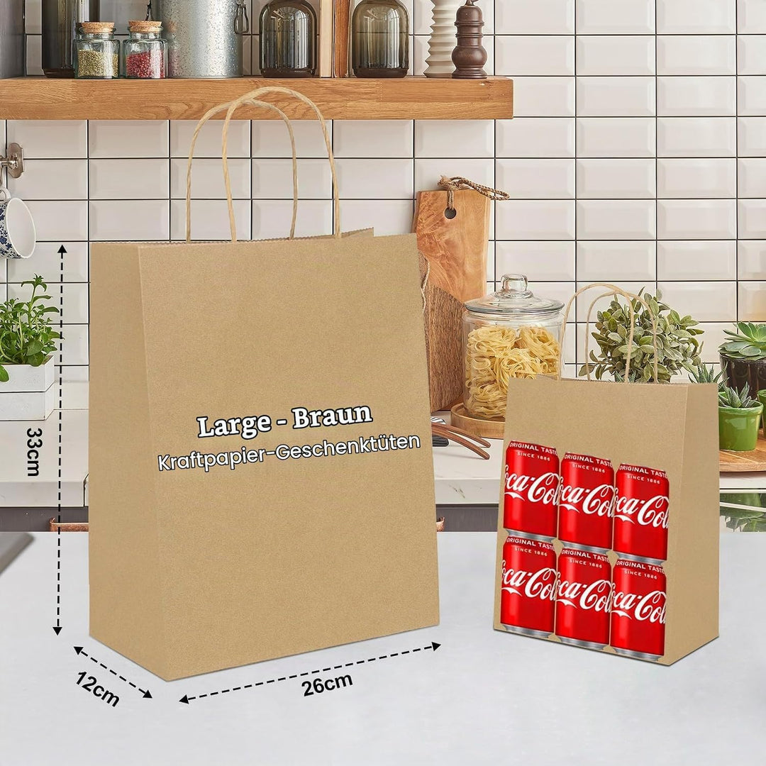 Gucass 50 Stück Gross Papiertüten mit Henkel, Braun Kraft Papiertaschen Geschenktüten, 26x12x33cm Pa