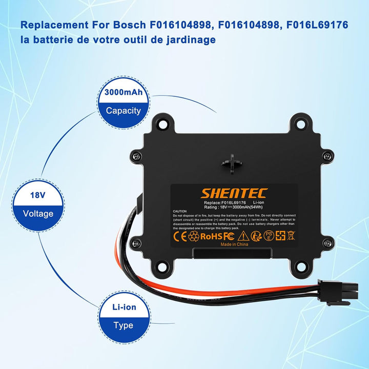 Shentec 18V 3000mAH Li-ion Akku kompatibel mit Bosch Indego 350, 400, M 700, M+ 700, S+ 350, S+ 400