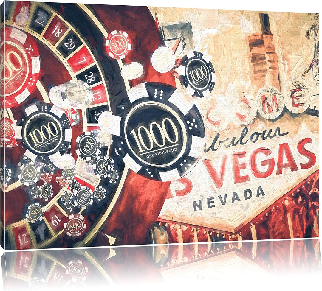 Pixxprint Las Vegas Casino Roulette Kunst / 100x70cm Leinwandbild bespannt auf Holzrahmen/Wandbild K