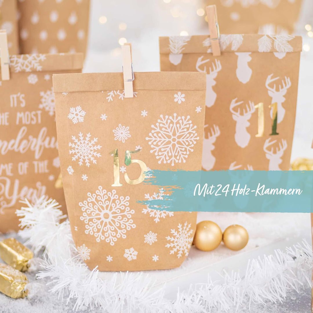 Papierdrachen Adventskalender 2025 zum Befüllen - 24 bedruckte Papiertüten mit Zahlenaufklebern & Kl