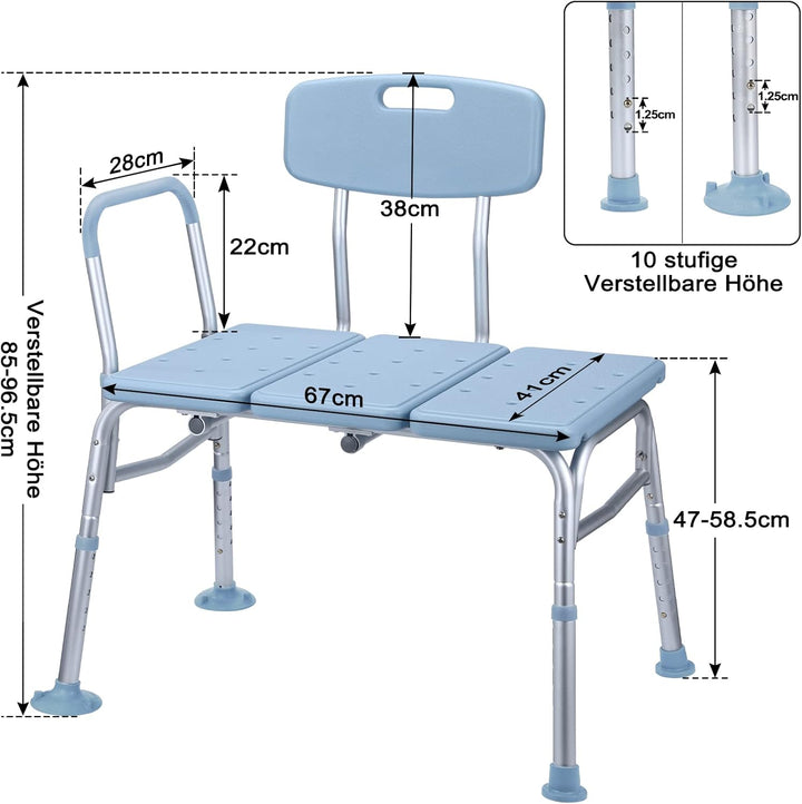 Duschhocker, Duschstuhl mit Badewannengriff Rückenlehne für Senioren höhenverstellbar 85-96 cm, Toil