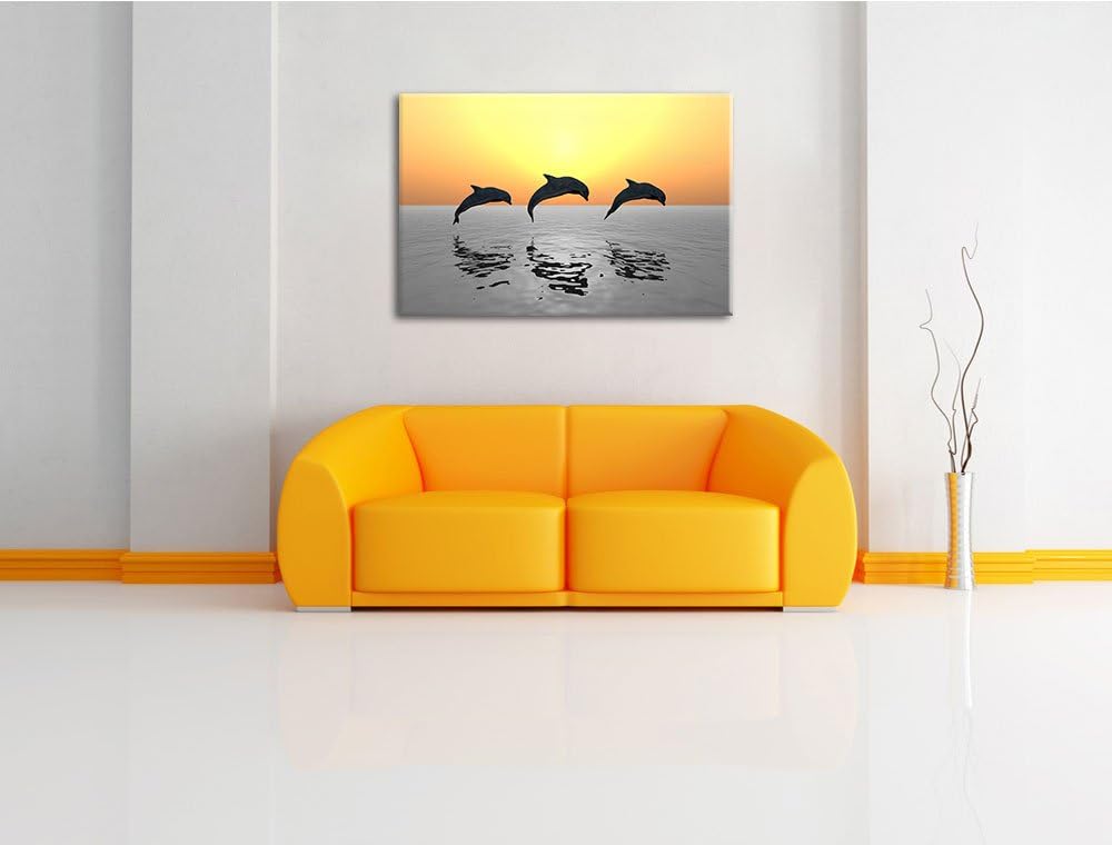 schöne Delfine beim springen schwarz/weiss Format: 100x70 auf Leinwand, XXL riesige Bilder fertig ge