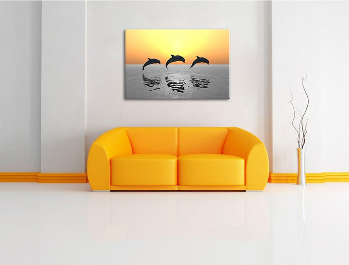 schöne Delfine beim springen schwarz/weiss Format: 100x70 auf Leinwand, XXL riesige Bilder fertig ge