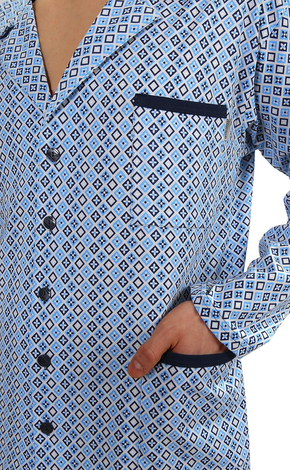 sesto senso Herren Pyjama mit Knopfleiste Lang Baumwolle Schlafanzug Knöpfen M T-shirt - Muster Blau