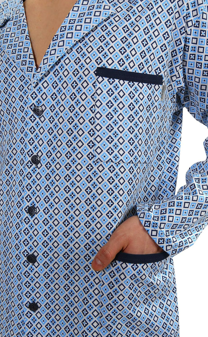sesto senso Herren Pyjama mit Knopfleiste Lang Baumwolle Schlafanzug Knöpfen L T-shirt - Muster Blau