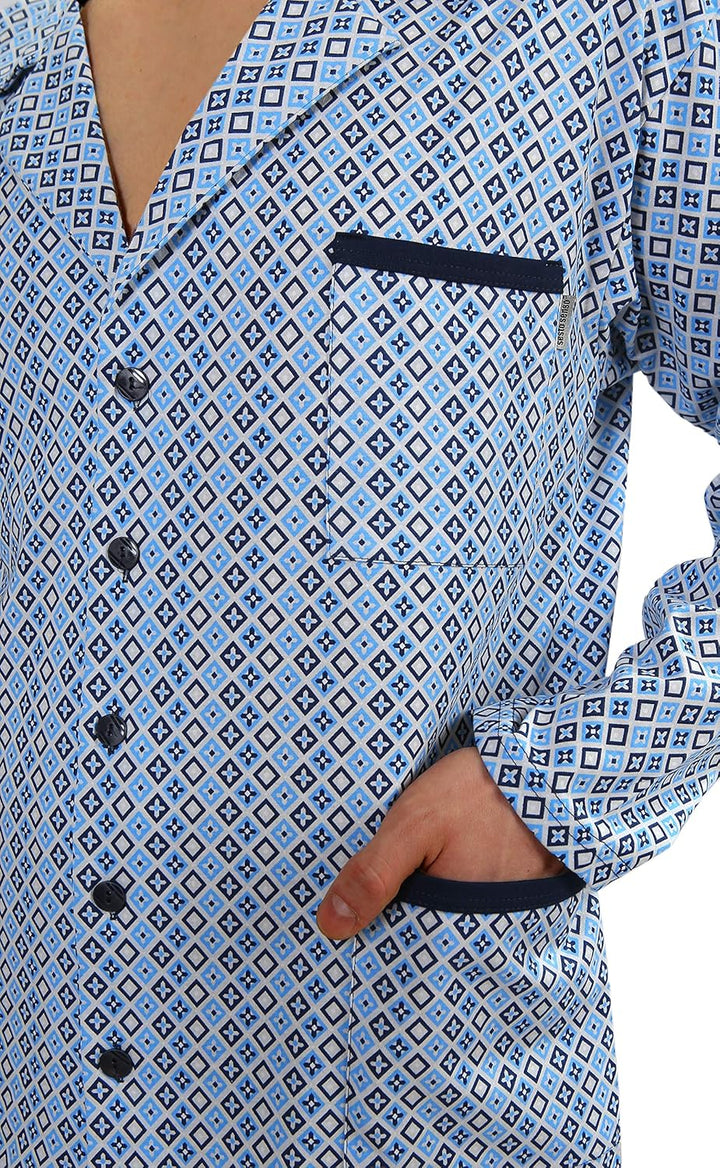 sesto senso Herren Pyjama mit Knopfleiste Lang Baumwolle Schlafanzug Knöpfen L T-shirt - Muster Blau