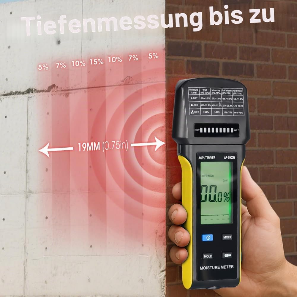 Feuchtigkeitsmessgerät Feuchtemessgerät mit LED-Statusanzeigen, 4 Materialmodi (Wand/Mauerwerk/Harth