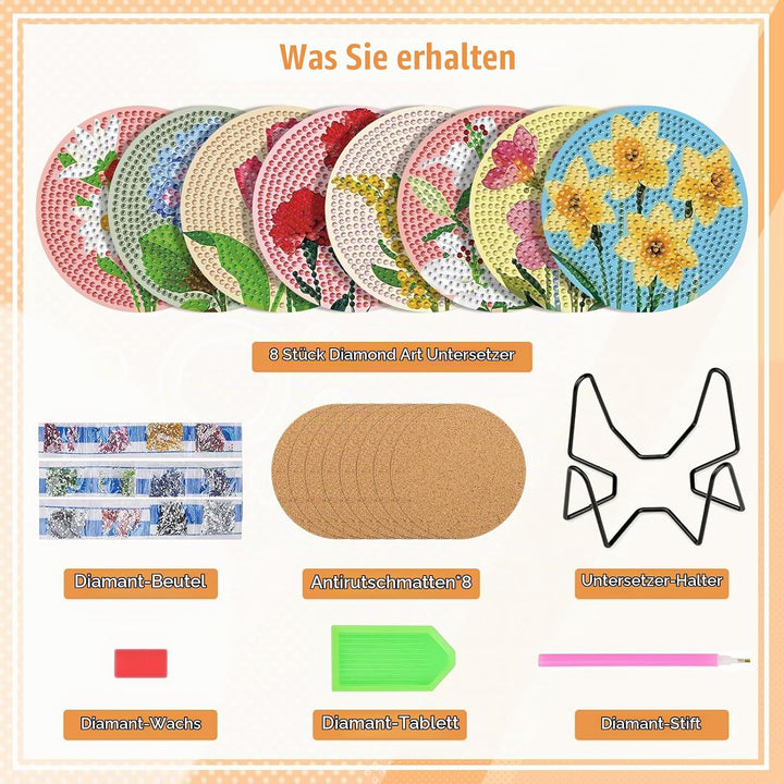 NAIMOER 8 Stück Blumen Diamond Painting Untersetzer mit Halter, DIY Landschaft Diamant Tassenunterse
