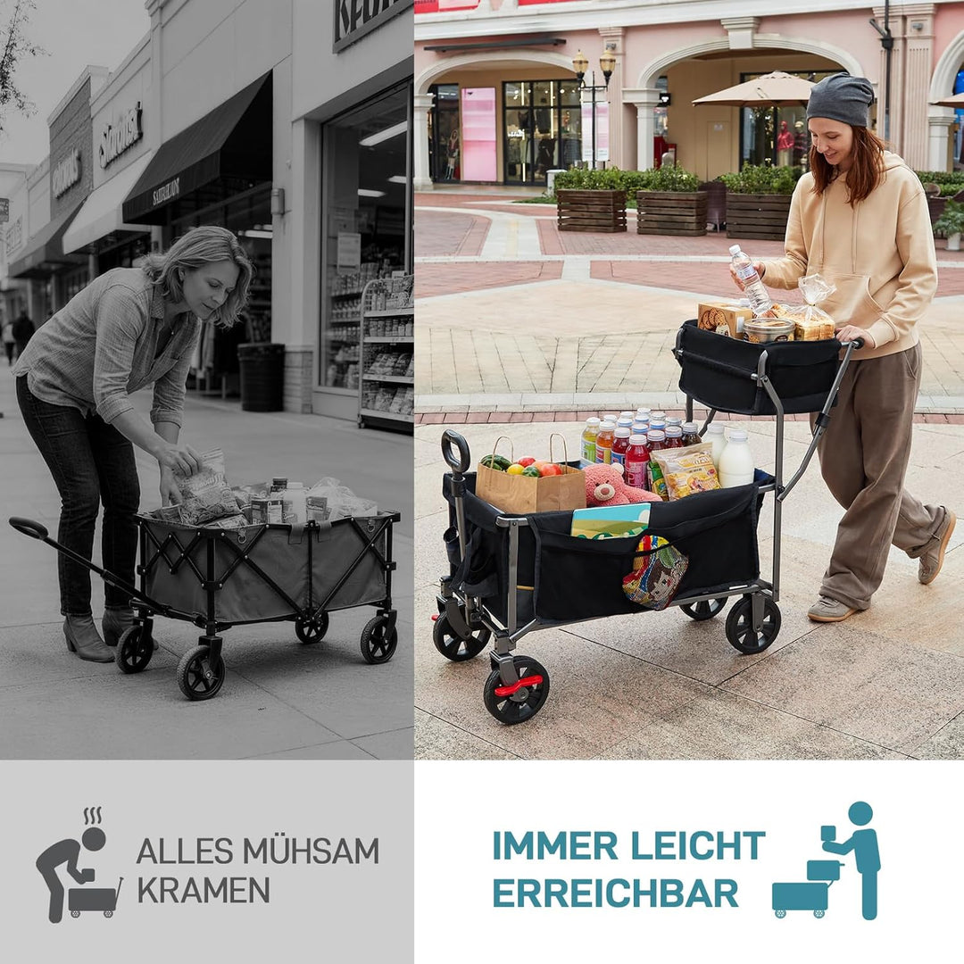 EVER ADVANCED Bollerwagen faltbar schieben&ziehen mit Bremse Einkaufskorb Getränkhalter Seitentasche