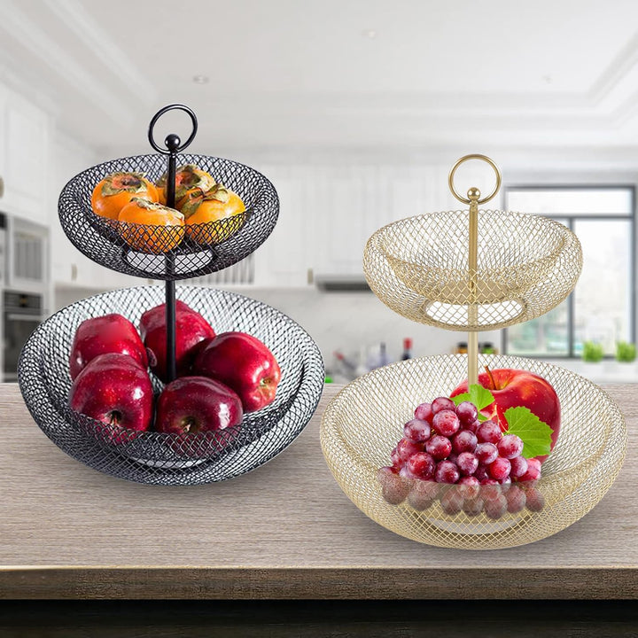 Schwarz Obst Etagere mit 2 Stöckig Platzsparendes Obstschale mit Bambusholzständer Servierschalen fü