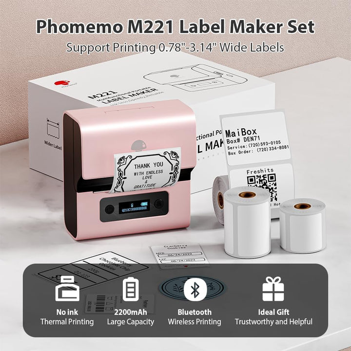 Phomemo M221 Beschriftungsgerät Selbstklebend mit 3 Etikettenrollen - Bluetooth Etikettiergerät Trag