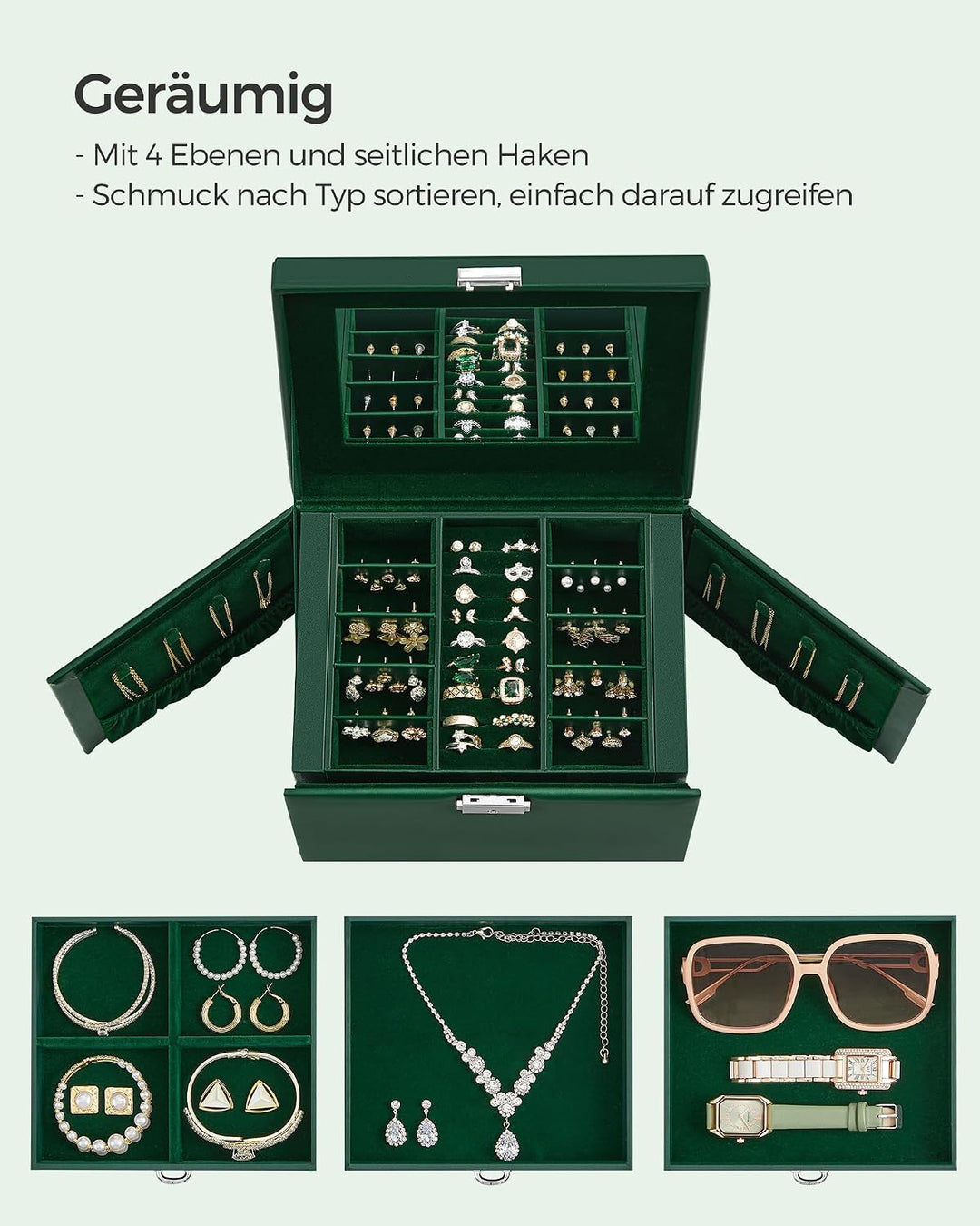 SONGMICS Schmuckkästchen 4 Ebenen, Schmuckkasten mit Griff, 3 Schubladen, Schmuckschatulle mit Spieg