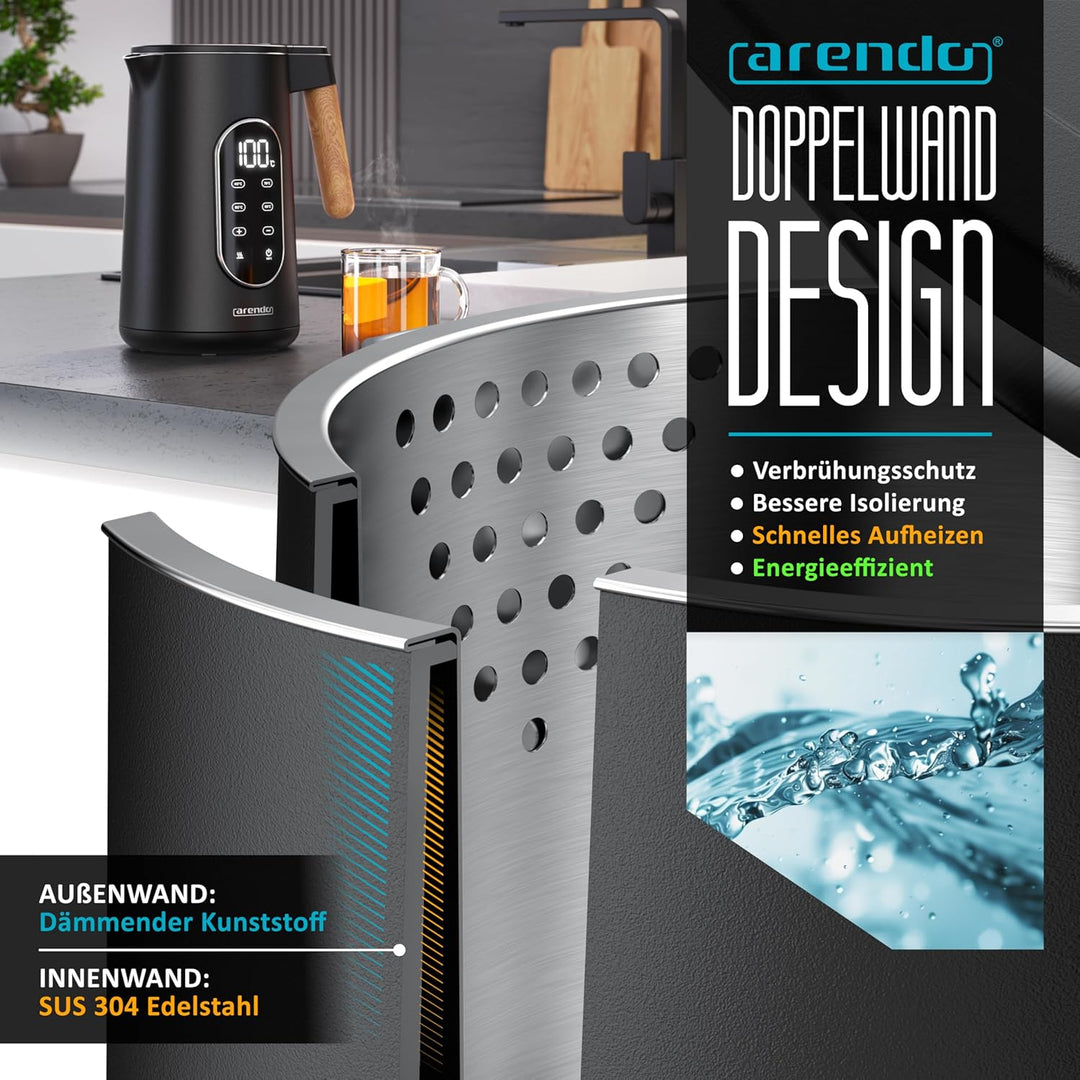 Arendo - Edelstahl Wasserkocher mit Temperatureinstellung 40-100°C - Doppelwand Design Cool Touch -