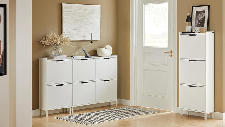 SoBuy Schuhschrank schmal mit 3 Klappen Platzsparender Schuhkipper Hoch Kommode Schuhregal geschloss