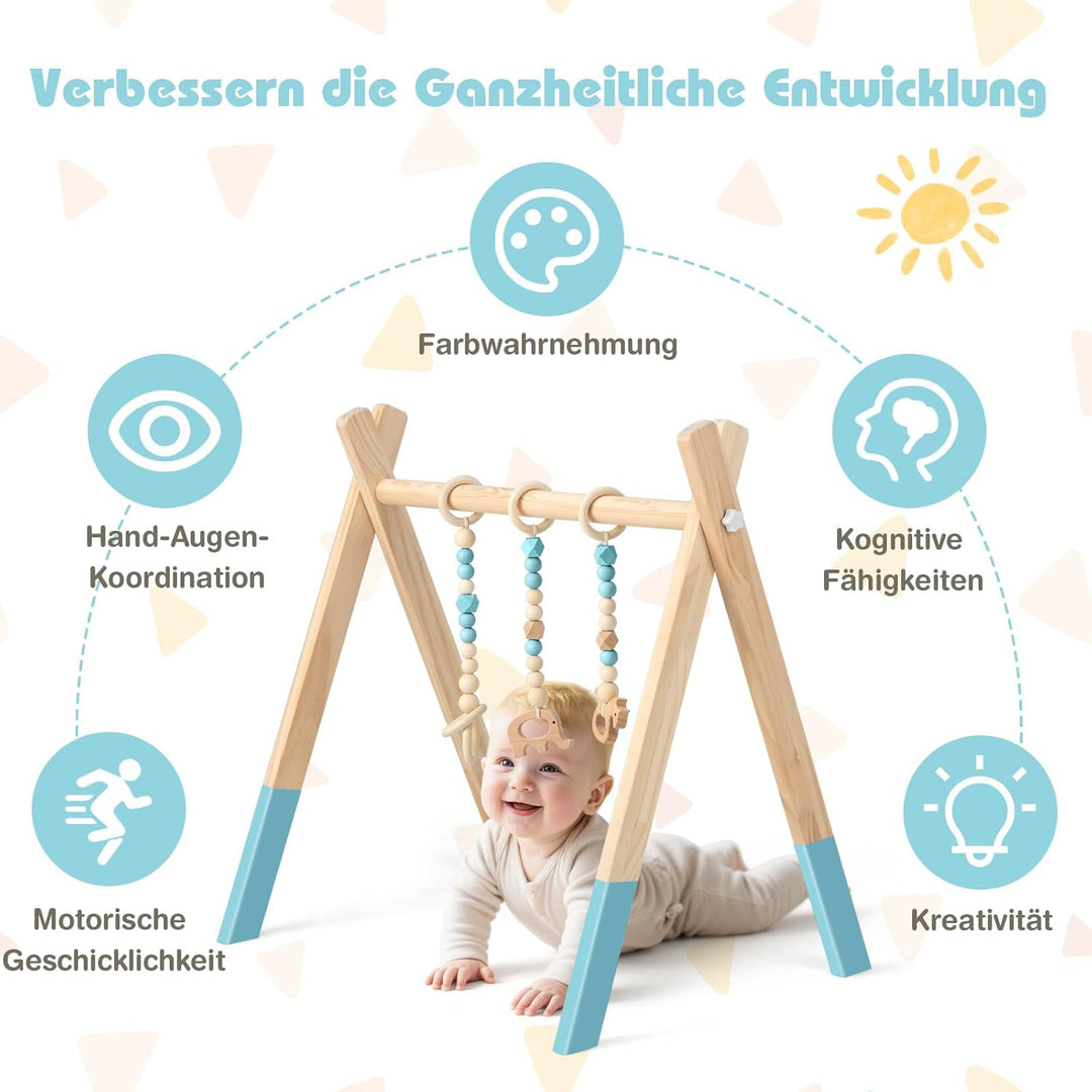 COSTWAY Baby Spielbogen Holz, Spieltrapez klappbar, Baby Gym mit 3 abnehmbaren Kinderspielzeugen, Sp