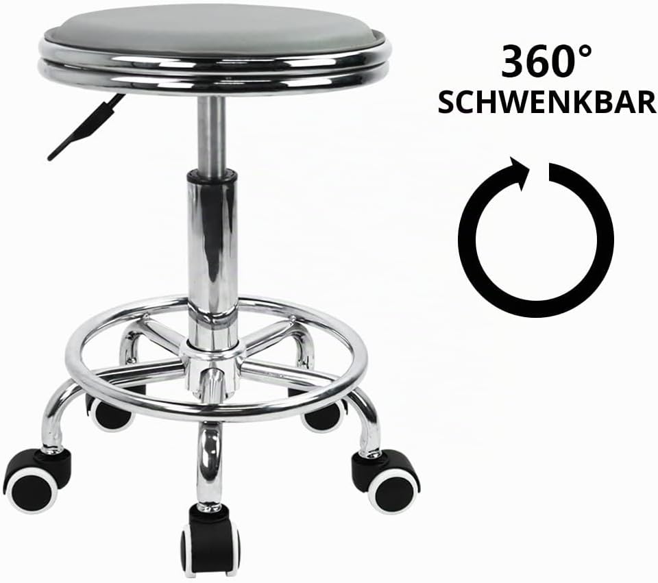 KKTONER Rollhocker Drehhocker höhenverstellbar mit Fussstütze aus PU Leder Grau, Grau