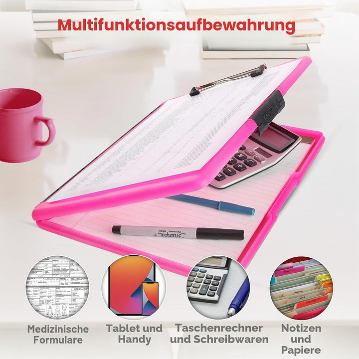Dexas Slimcase 2, Kunststoff-Klemmbrett mit Aufbewahrung und seitlicher Öffnung, Neonrosa, Bürobedar