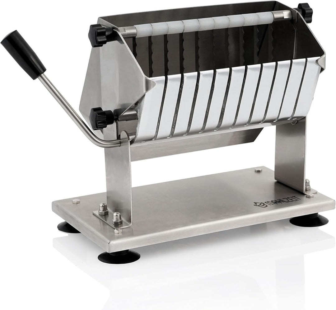 Mahlzeit Edelstahl Currywurstschneider für 18 mm Scheiben | 10 extra scharfe Messer mit Wellenschlif