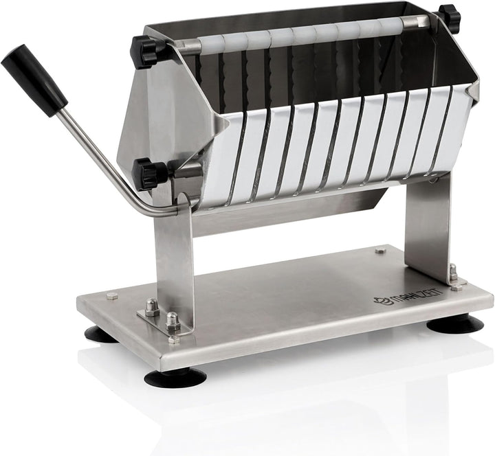 Mahlzeit Edelstahl Currywurstschneider für 18 mm Scheiben | 10 extra scharfe Messer mit Wellenschlif